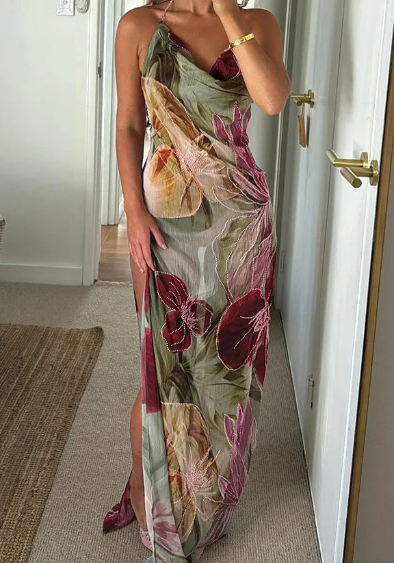 Floral Print Halter Neck Cowl Backless High Split Maxi Dress
