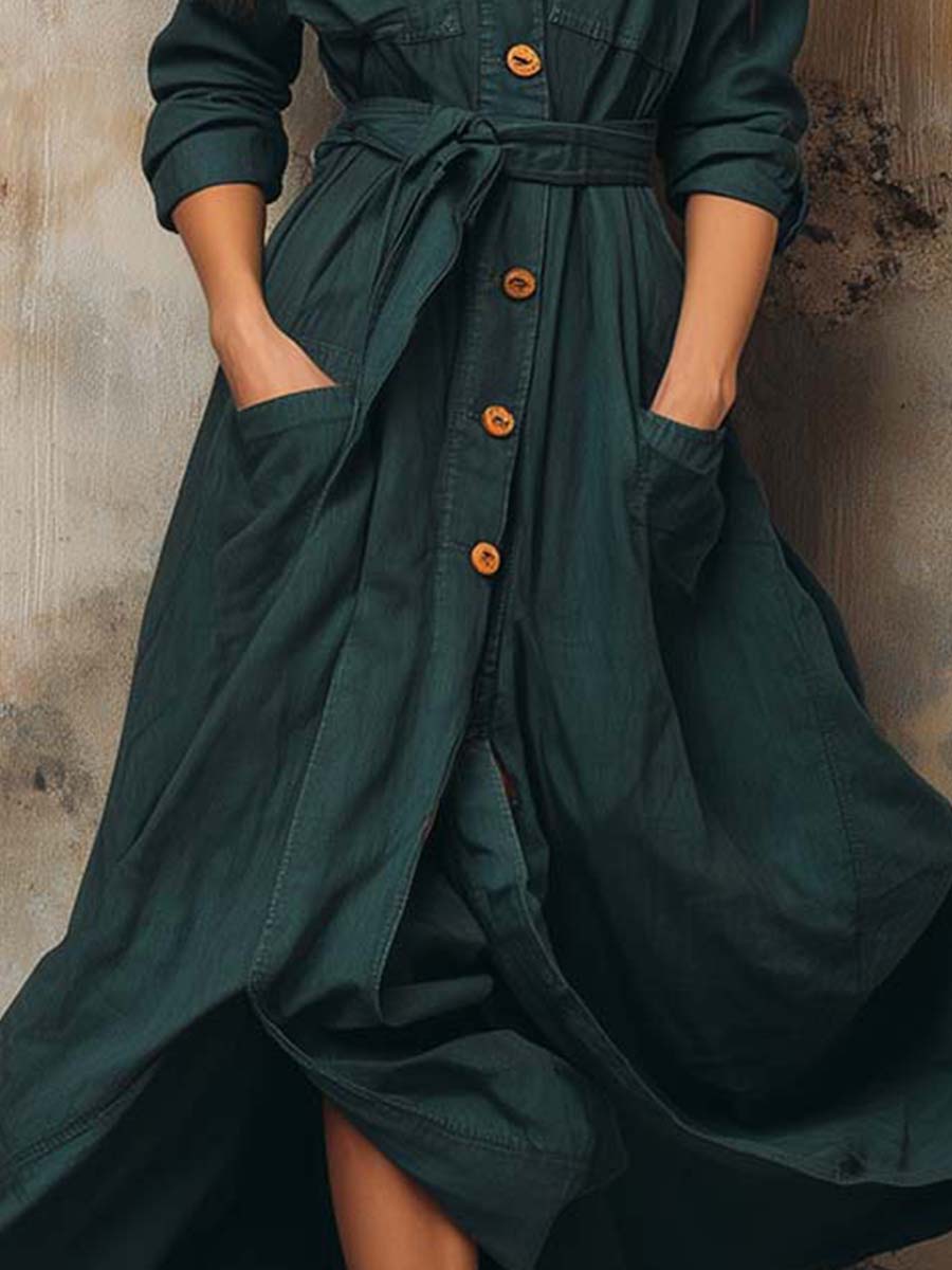 Casual Mist Blue Cotton Utility Style Tie Pocket Maxi Dress