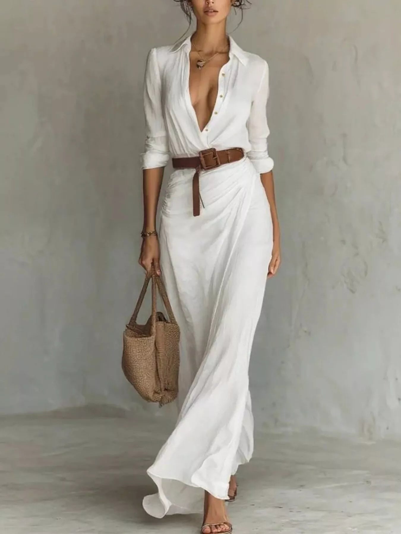 Full Size Ruched Long Sleeve Maxi Dress Plus Size White