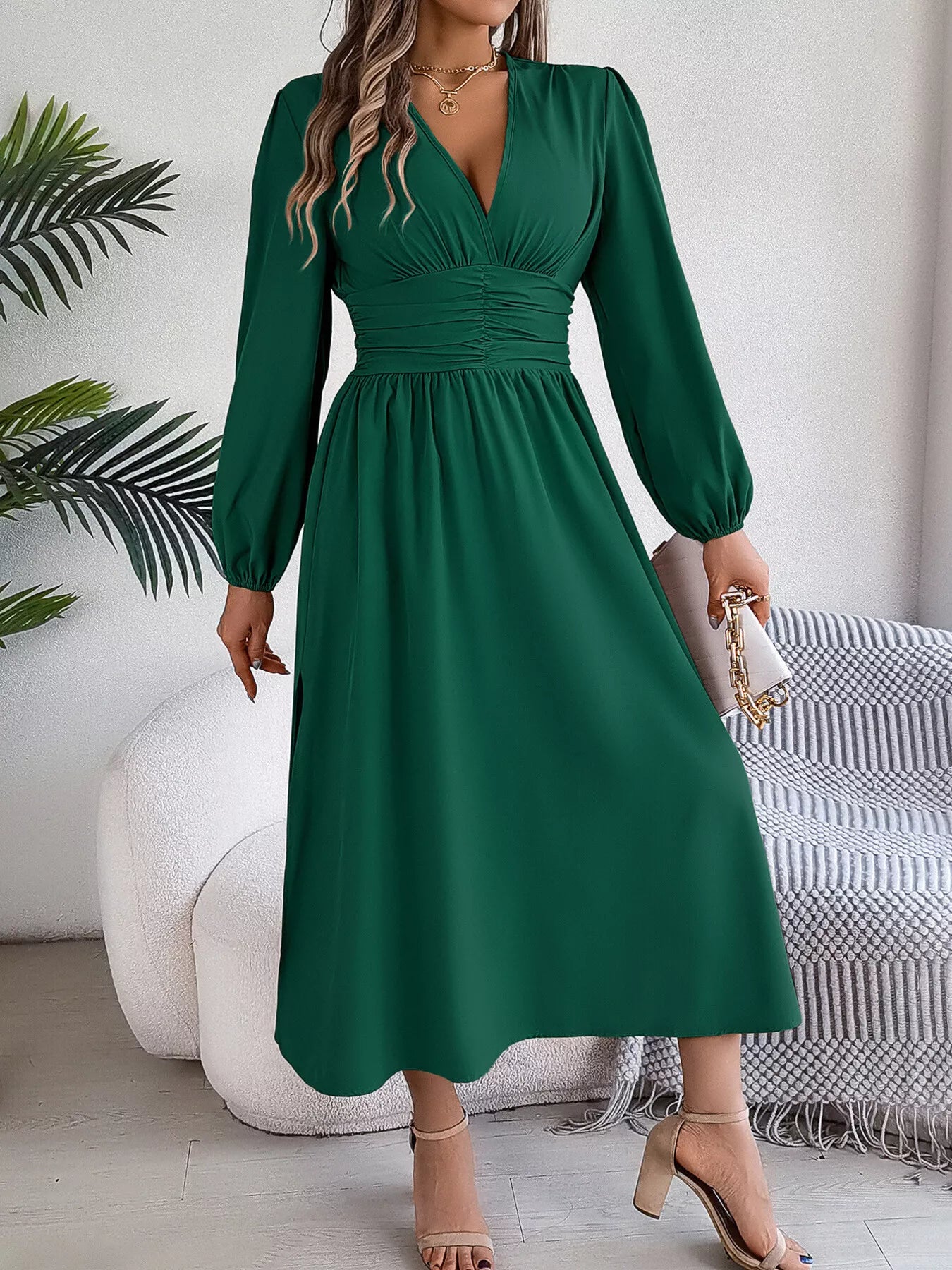 Slit Balloon Sleeve Midi Dress Green