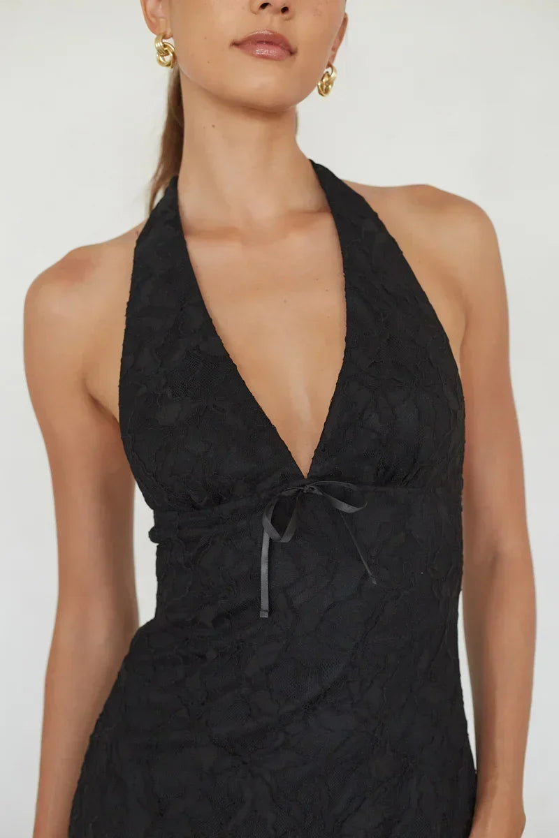 Fleur Lace Halter Ruffled Mini Dress