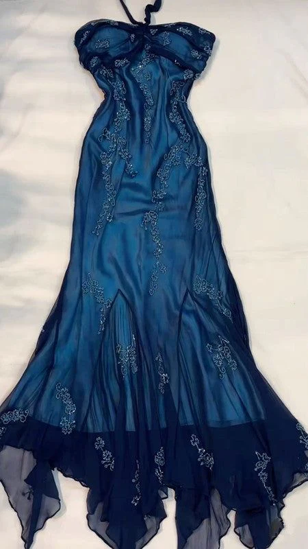Unique Navy Blue Chiffon Beaded Formal Prom Dress Mermaid Evening Dress cc1387