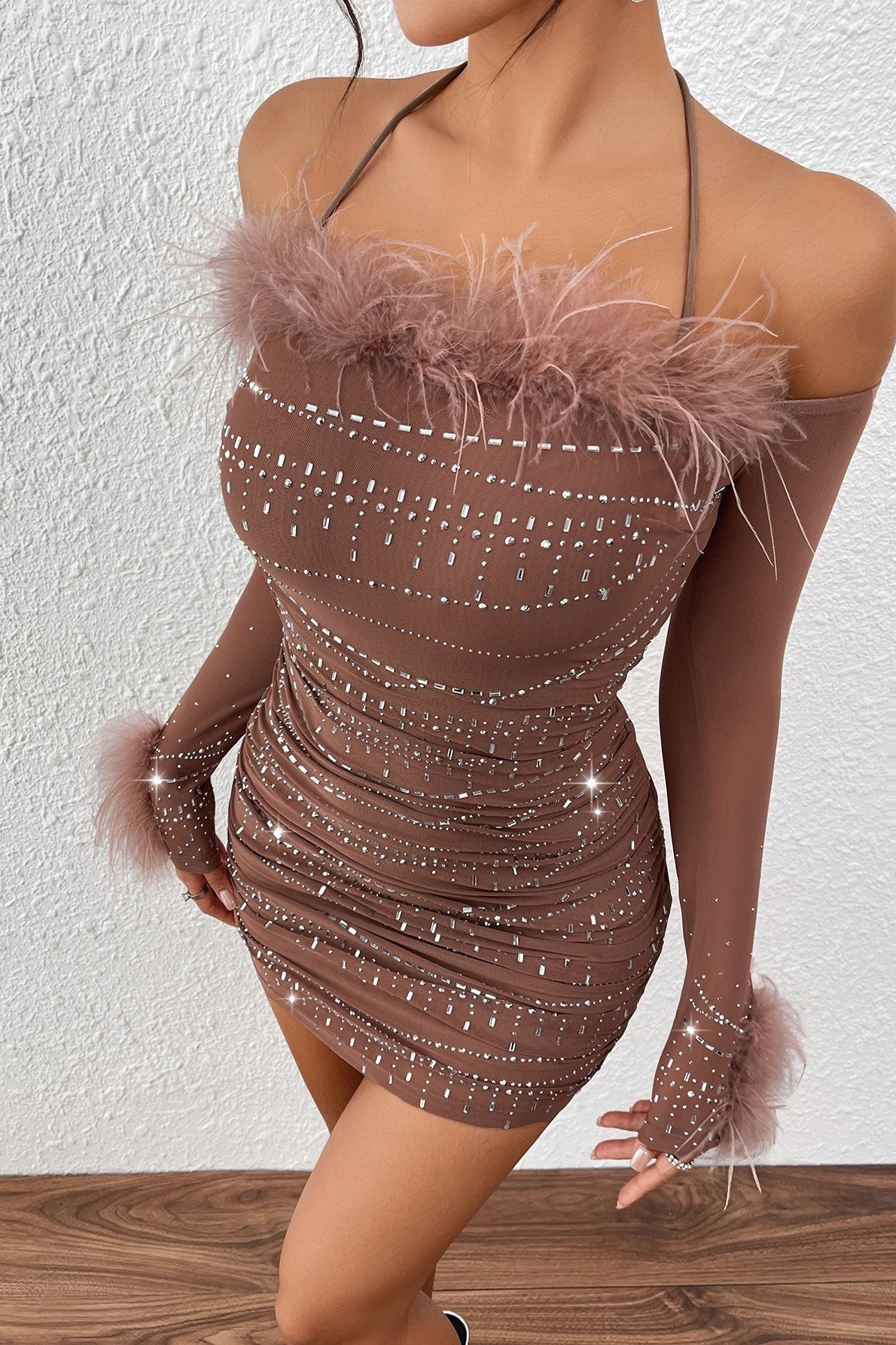 Rhinestone Feather Trim Strapless Ruched Bodycon Mini Party Dress