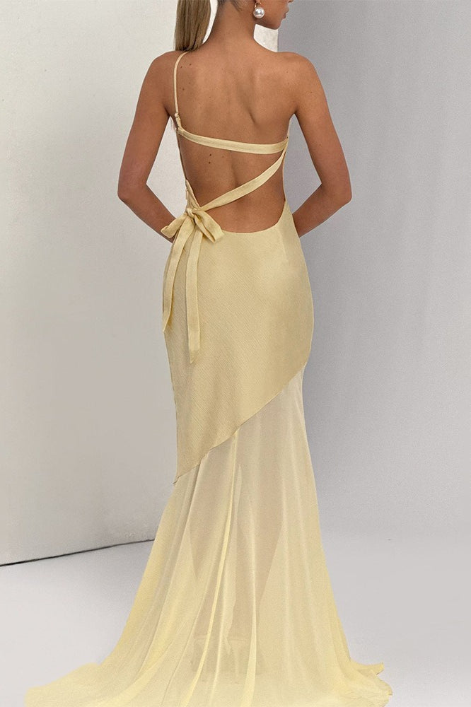 Asymmetric Backless Sheer Panel Formal Dress