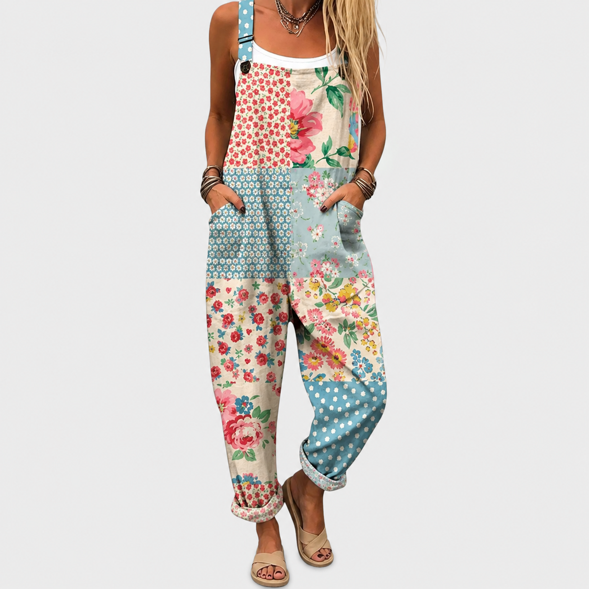 Floral Patchwork Print Adjustable Strap Overall Jumpsuit