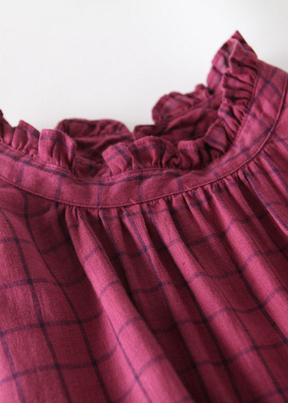 Plaid Print Ruffle Mock Neck Short Puff Sleeve Oversized A-Line Midi Dress
