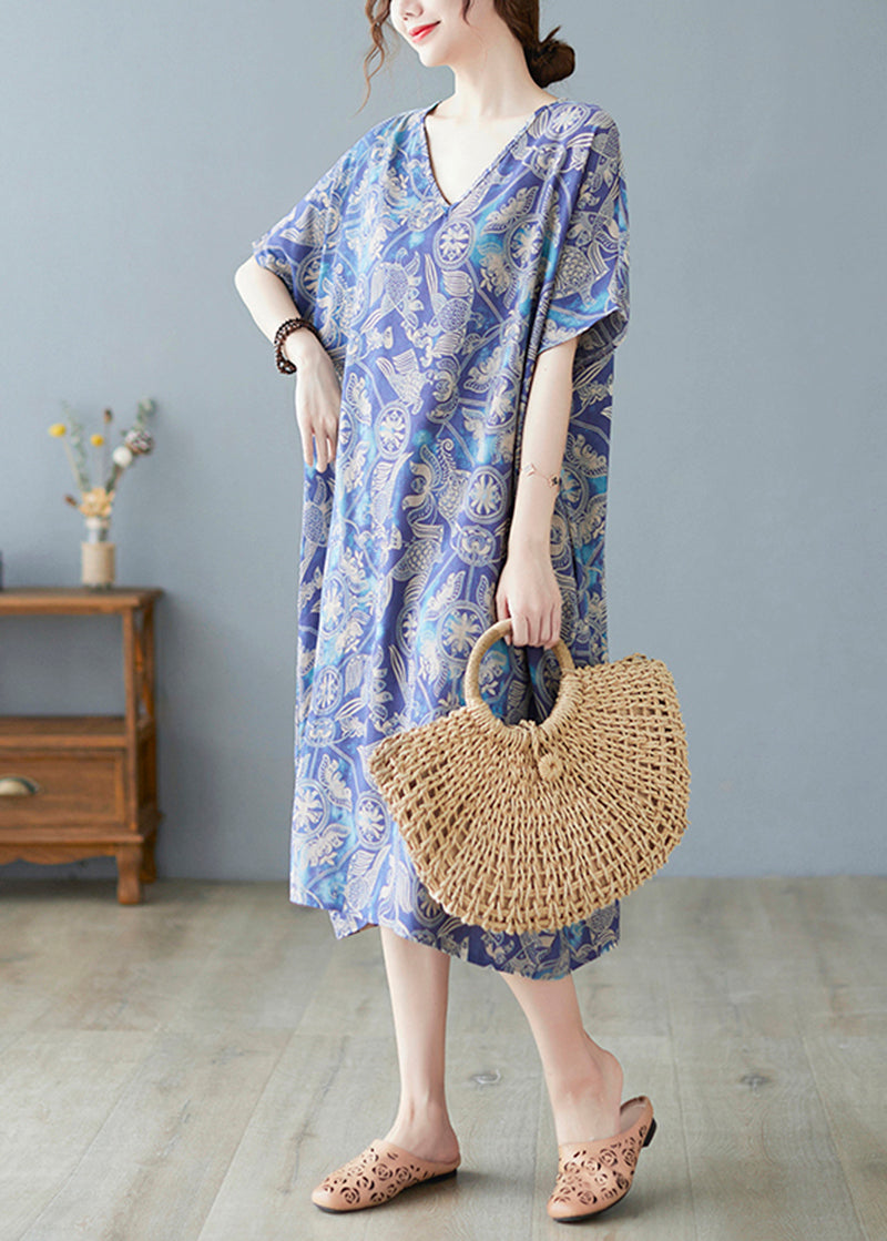 Crane Print V-Neck Short Sleeve Drop Shoulder Oversized Shift Midi Dress