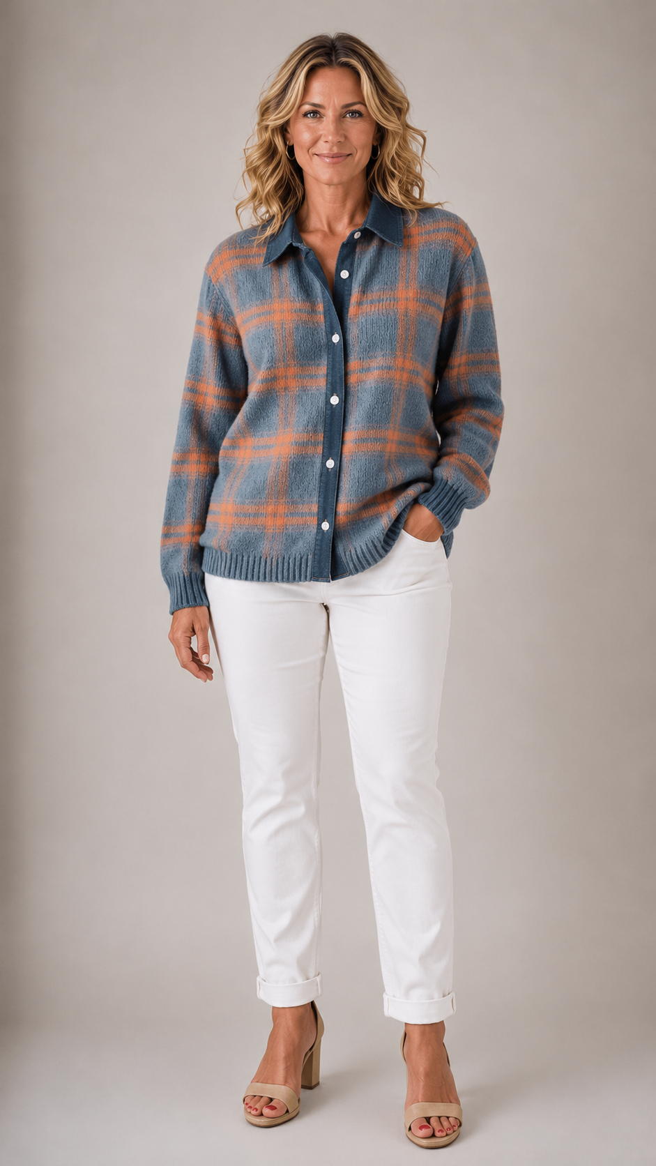 Plaid Collared Button Front Brushed Knit Cardigan