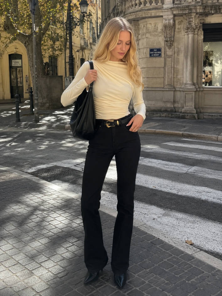 Solid Ruched Slim Fit Long Sleeve Tee