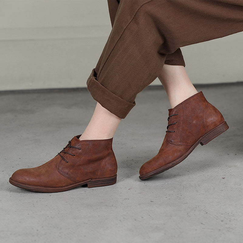 Oxfords For Women Lace Up Flat Sole Ankle Boots Handmade Matte Leather Boots Coffee/Brown