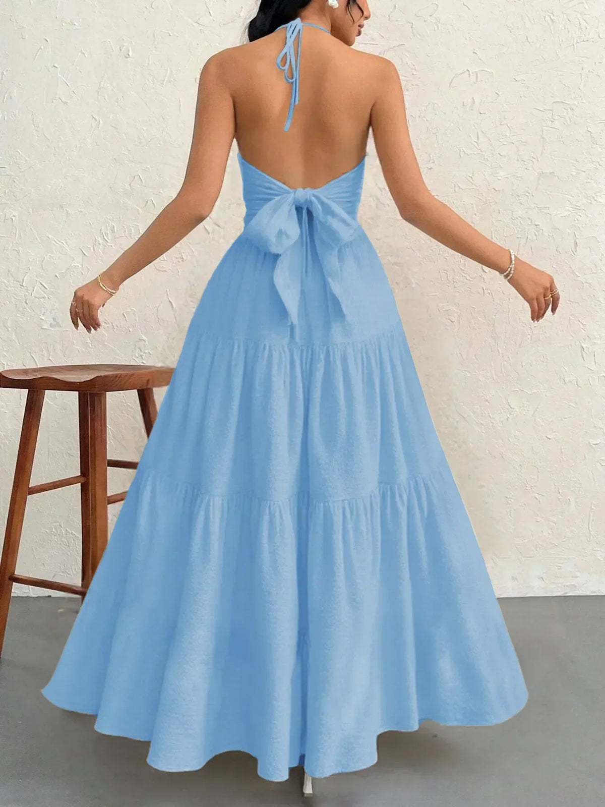 Halter Neck Deep V-Neck Sleeveless Tiered Maxi Dress 17