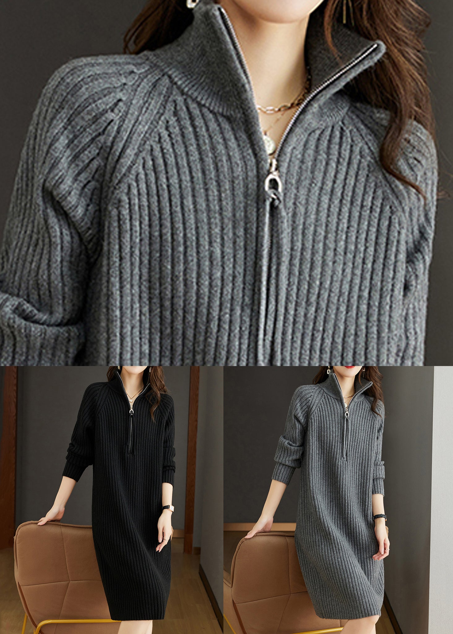 Ribbed Knit Mock Neck Half Zip Long Sleeve Shift Knee Length Dress