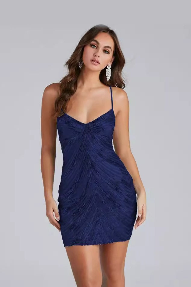 Sequin Chevron Spaghetti Strap V-Neck Bodycon Mini Party Dress