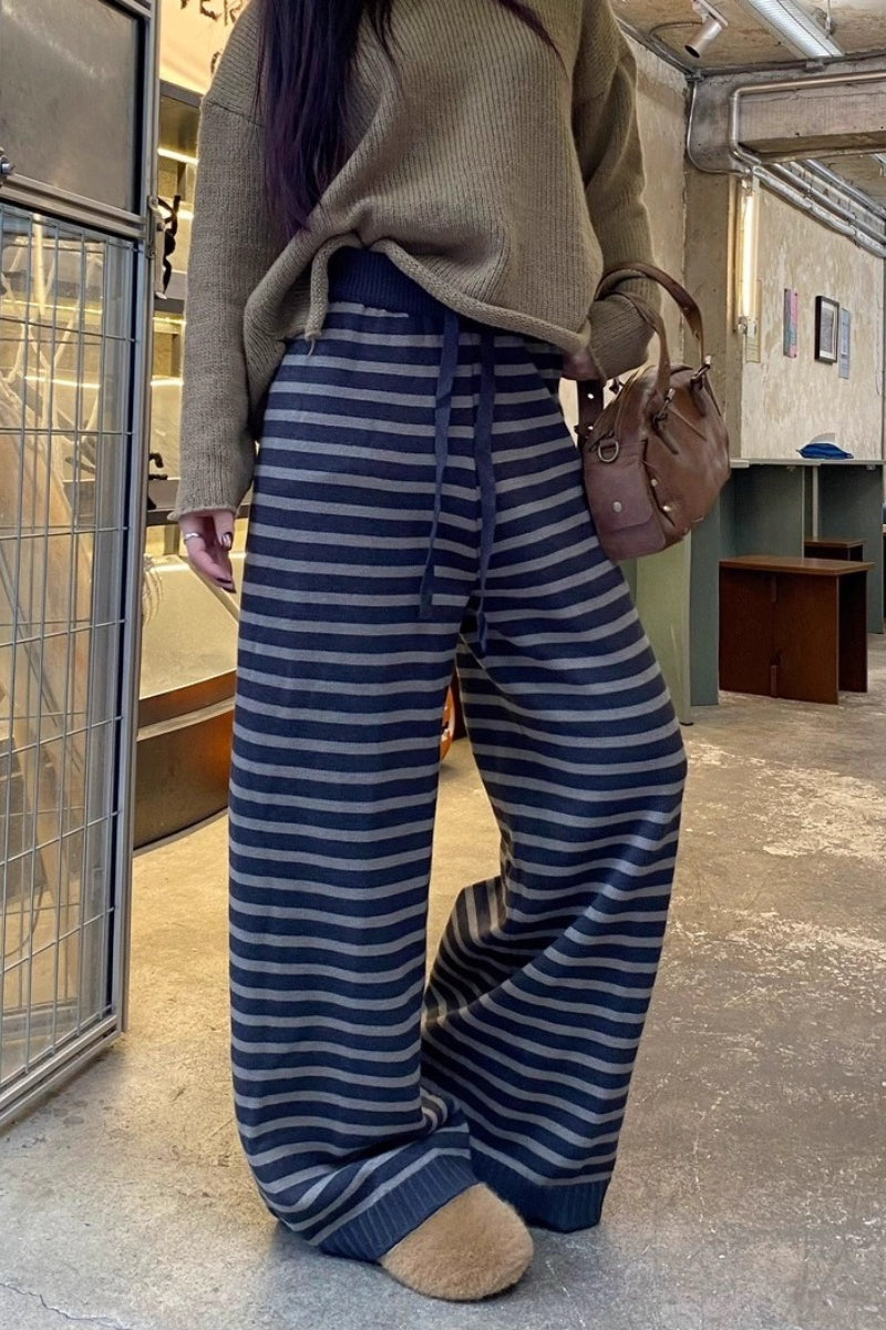 Striped Knit Drawstring Waist Ribbed Hem Wide Leg Sweater Pants 2