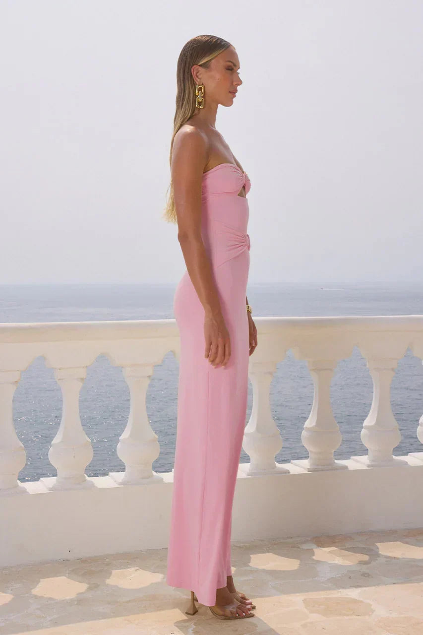 Strapless Cut Out Gold Hardware Ruched Column Maxi Dress 4