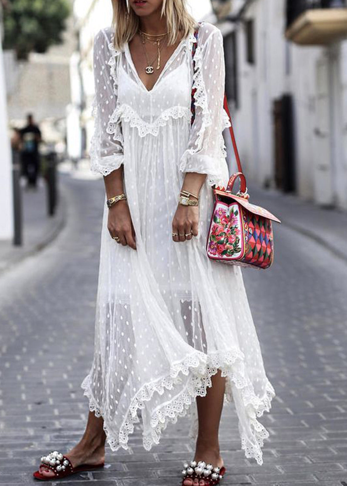 White Jacquard Polka Dot See-through Maxi Dress Long Sleeve - View 2