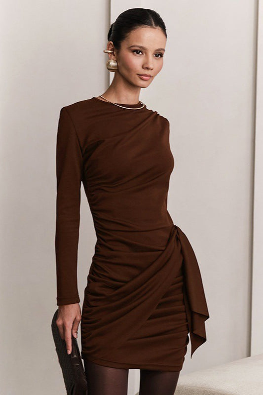 Crew Neck Long Sleeve Ruched Wrap Hip Knot Bodycon Mini Cocktail Dress
