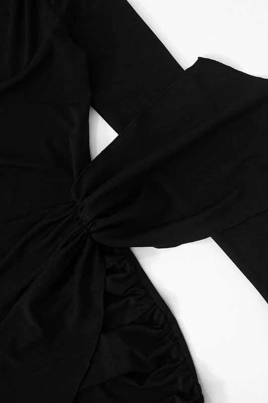 Crew Neck Long Sleeve Ruched Wrap Hip Knot Bodycon Mini Cocktail Dress