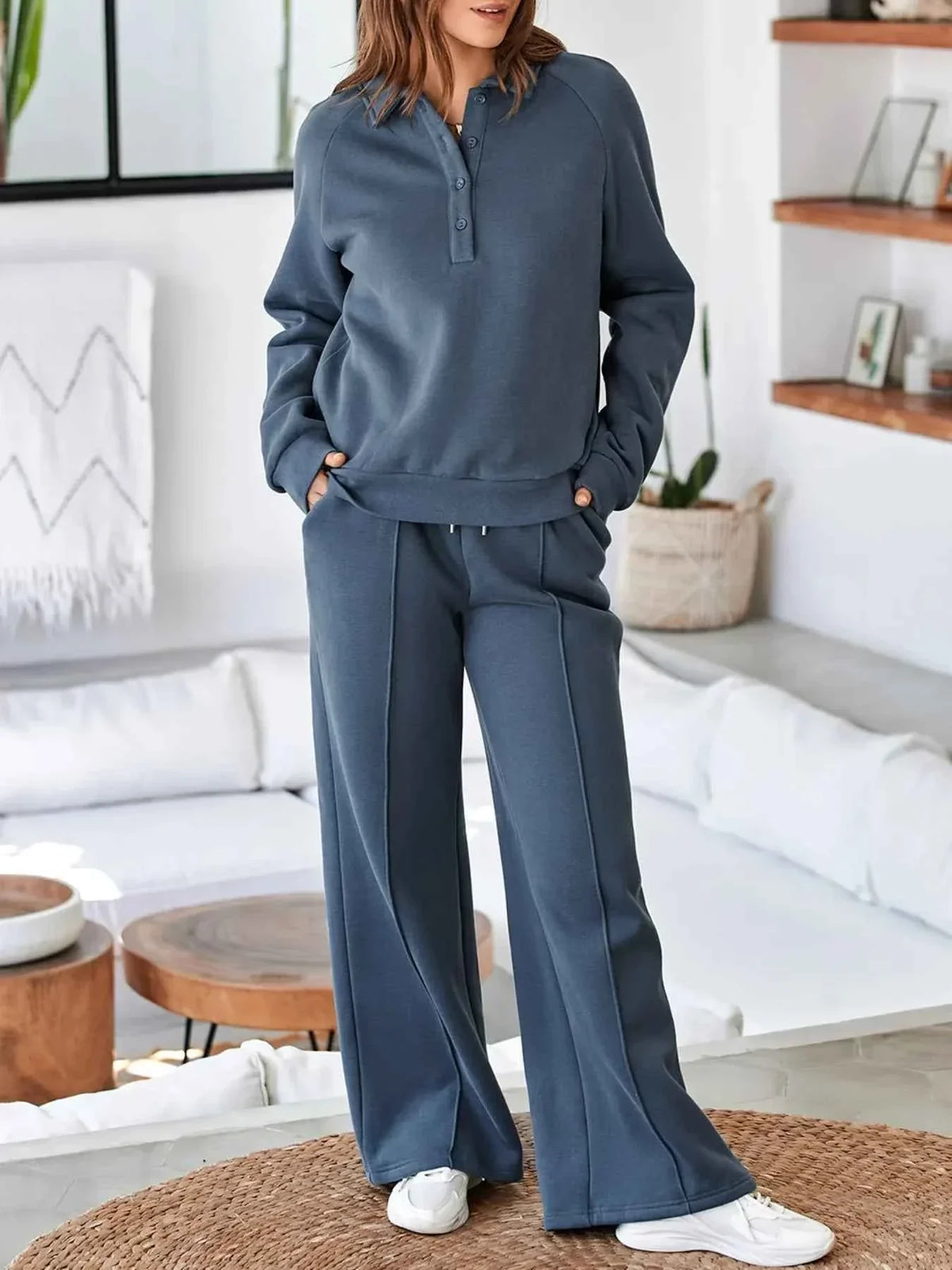 Collared Button Placket Sweatshirt and Seam Front Wide Leg Pants Two Piece Set 17