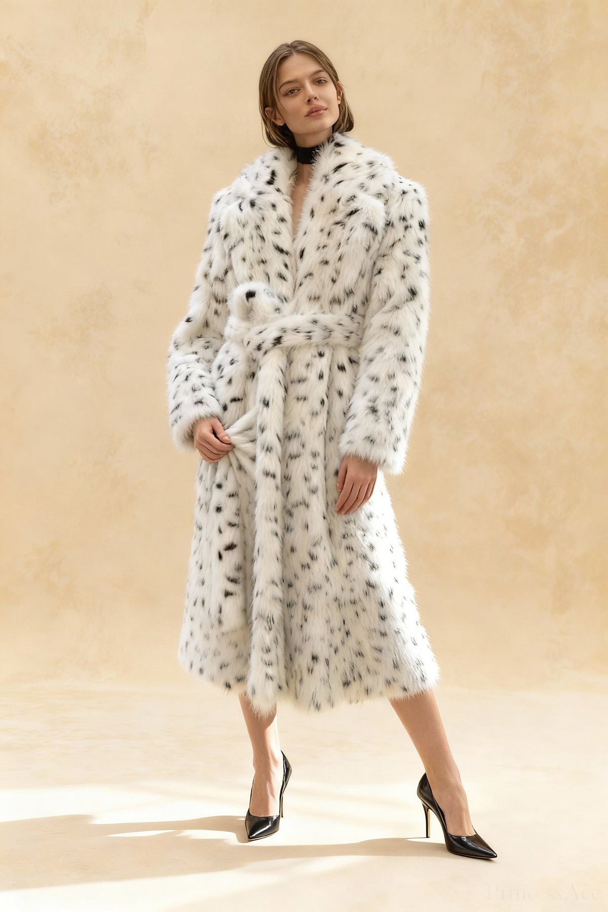 Animal Print Faux Fur Shawl Collar Belted Longline Coat