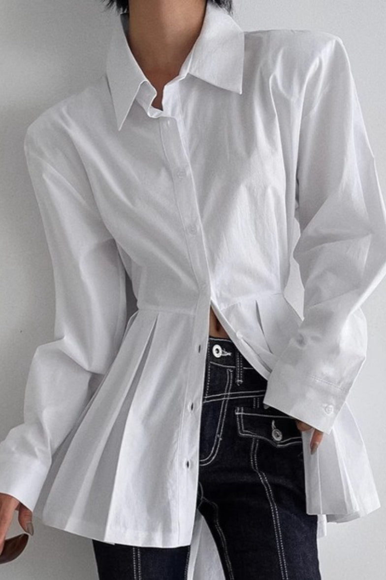 Collared Long Sleeve Padded Shoulder Pleated Mini Shirt Dress 7