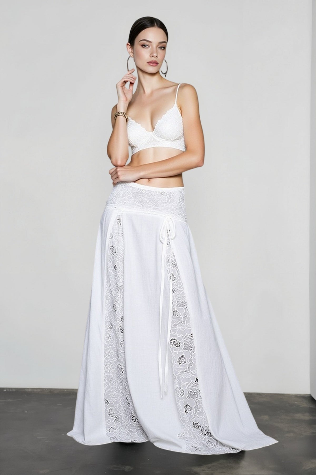 Lace Panel Low Waist Tie Front Flared Maxi Skirt