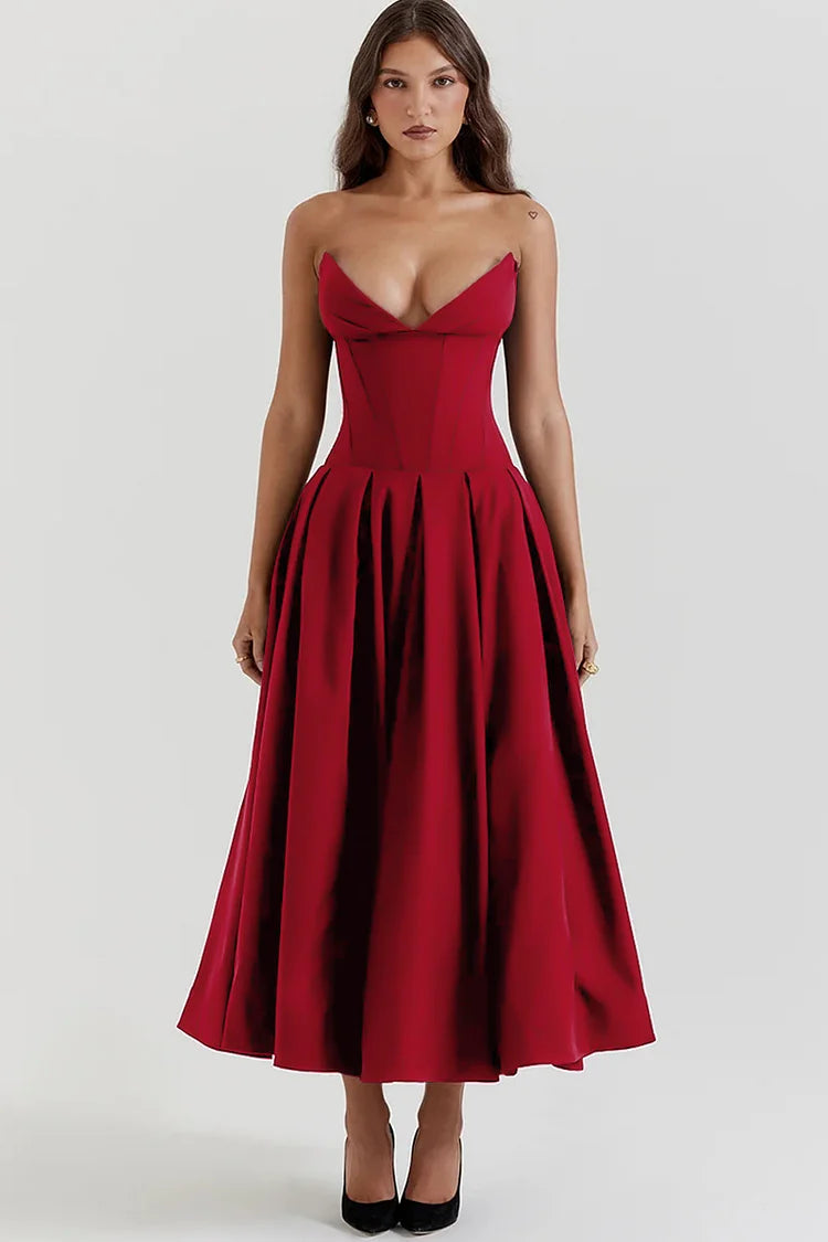 Satin Strapless Corset Pleated Pocket A-Line Midi Dress