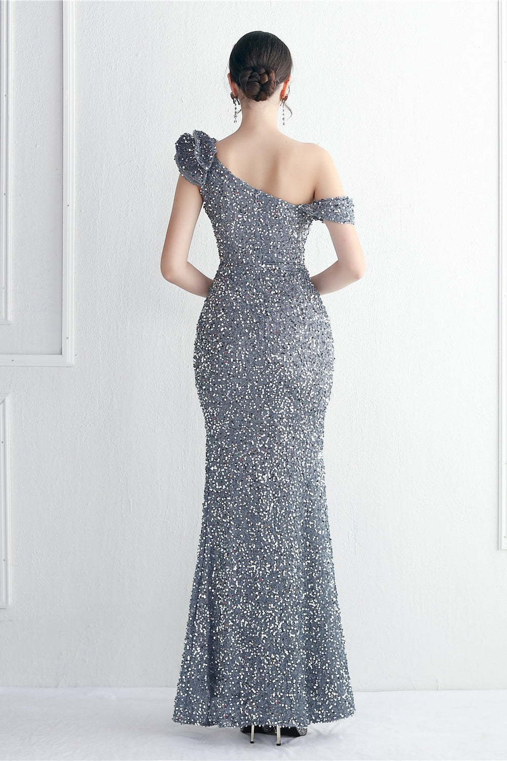 Sequin One Shoulder Ruffle High Split Mermaid Gown