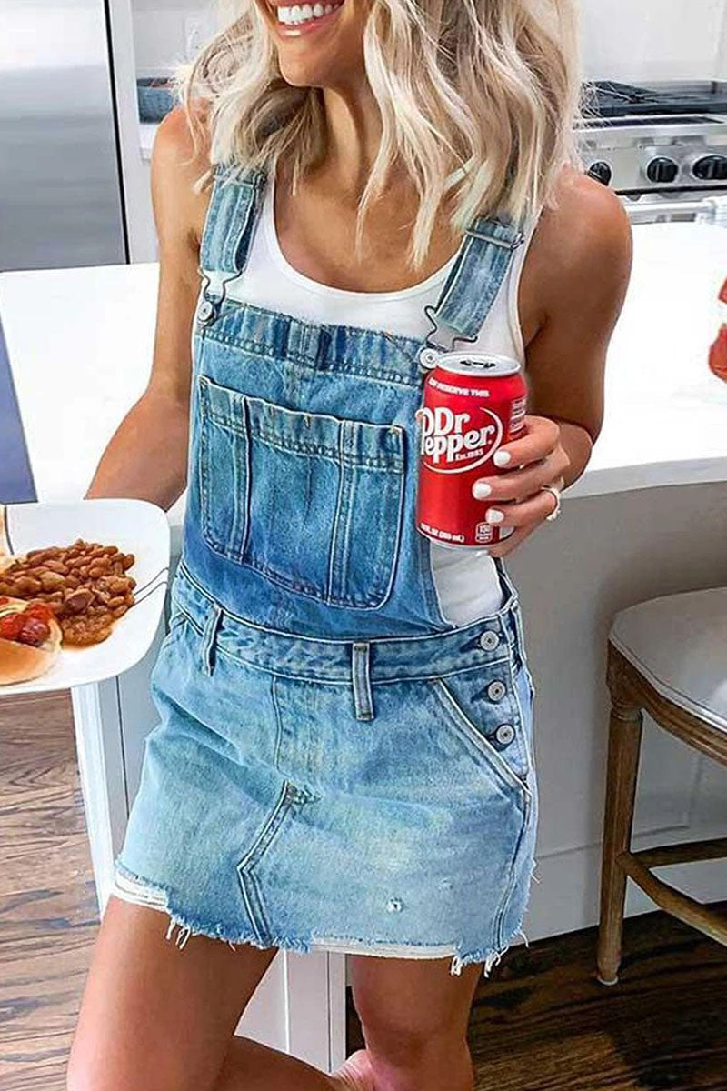 Denim Adjustable Strap Buckle Bib Pocket Raw Frayed Hem Mini Overall Dress