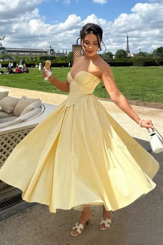 Strapless Bow Corset Satin Fit and Flare Midi Dress