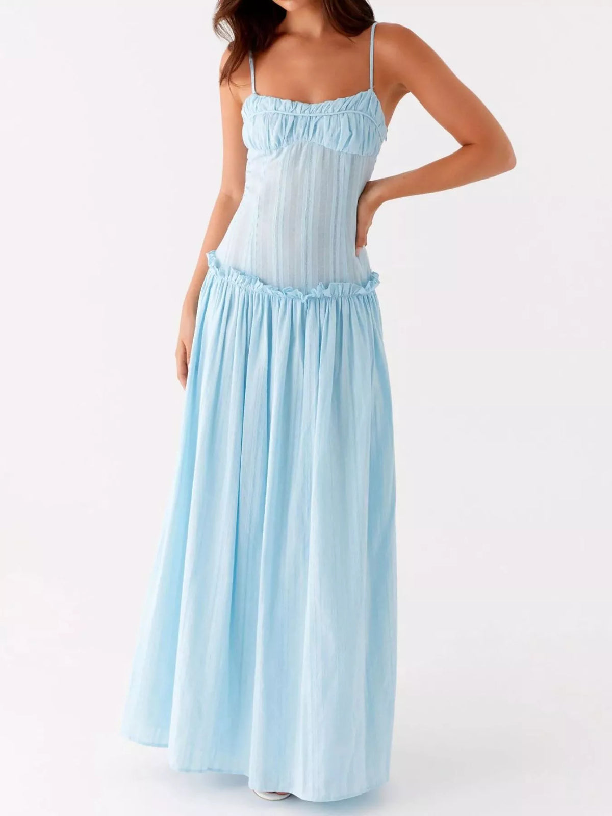 Ruched Bust Drop Waist Ruffle Trim Cami Maxi Dress