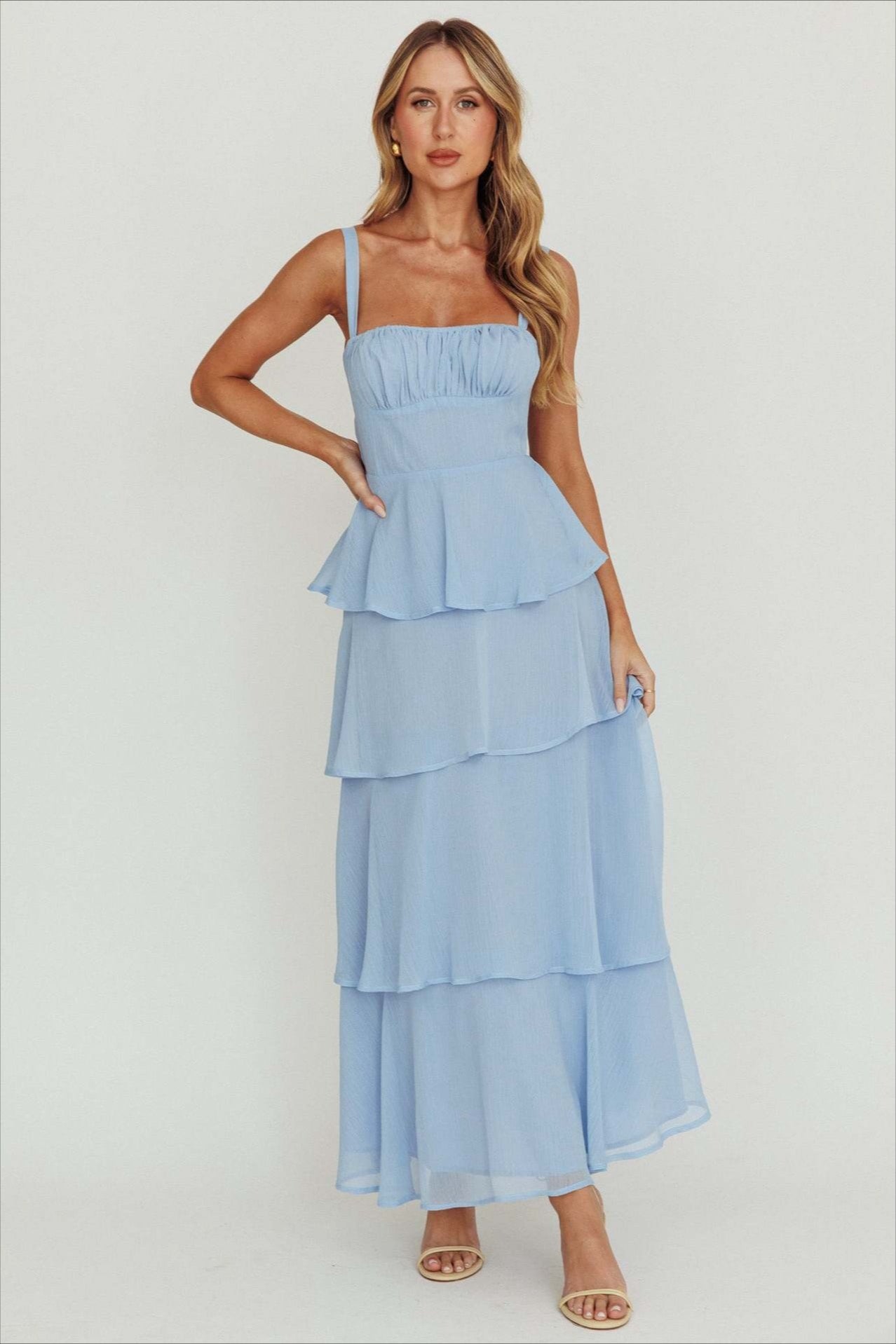 Spaghetti Strap Tiered Ruffle Backless Chiffon Maxi Dress