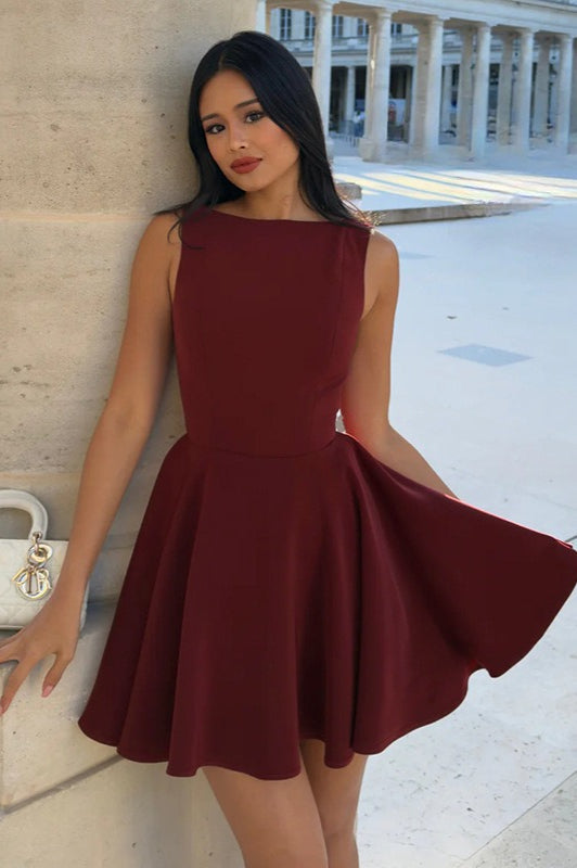Sleeveless Boat Neck Fitted Waist Fit and Flare Mini Party Dress