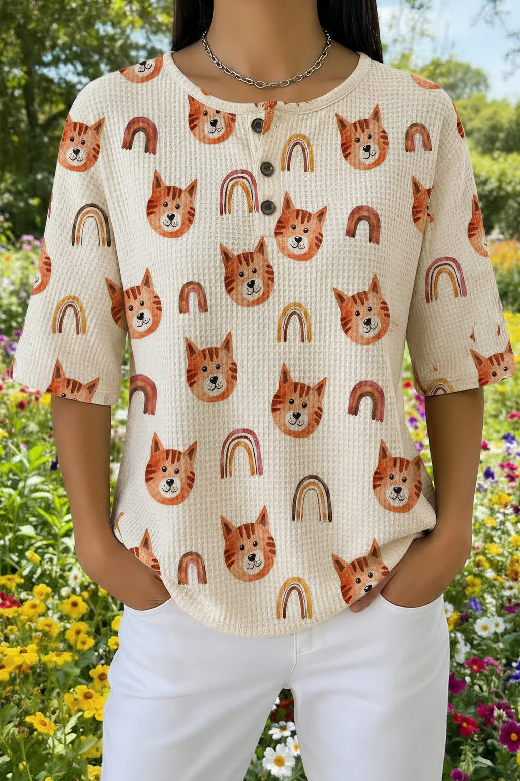 Womens Cream Rainbow Cat Print Casual Henley Shirt
