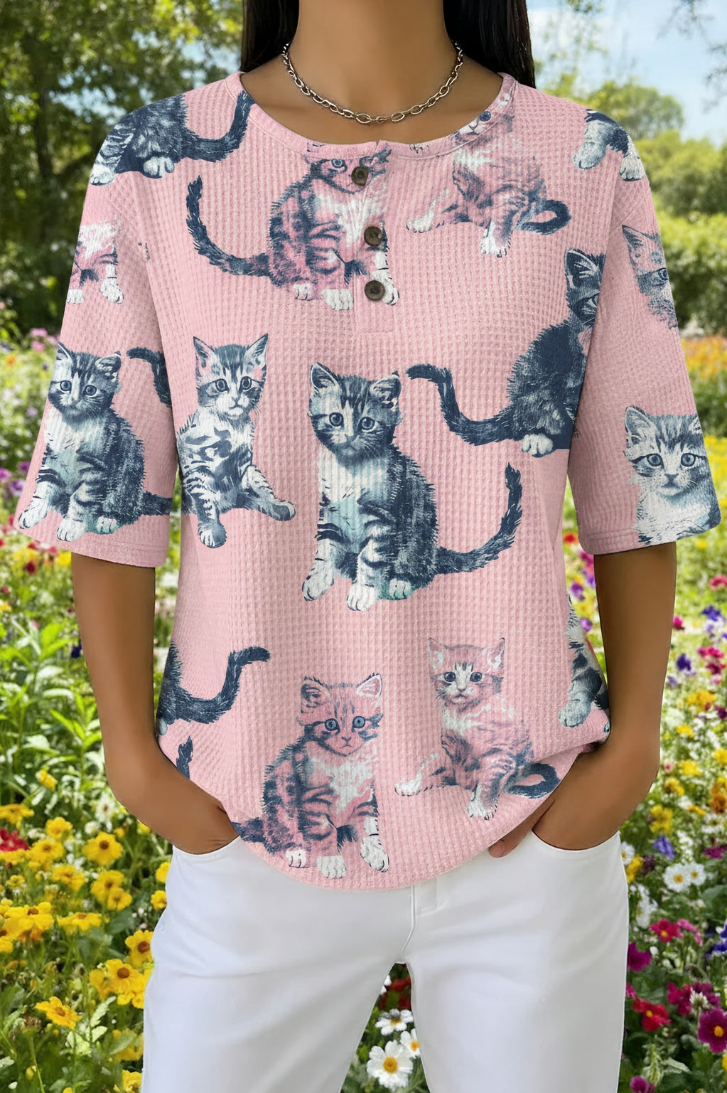 Womens Pink Paw Print Cat Print Casual Shirt