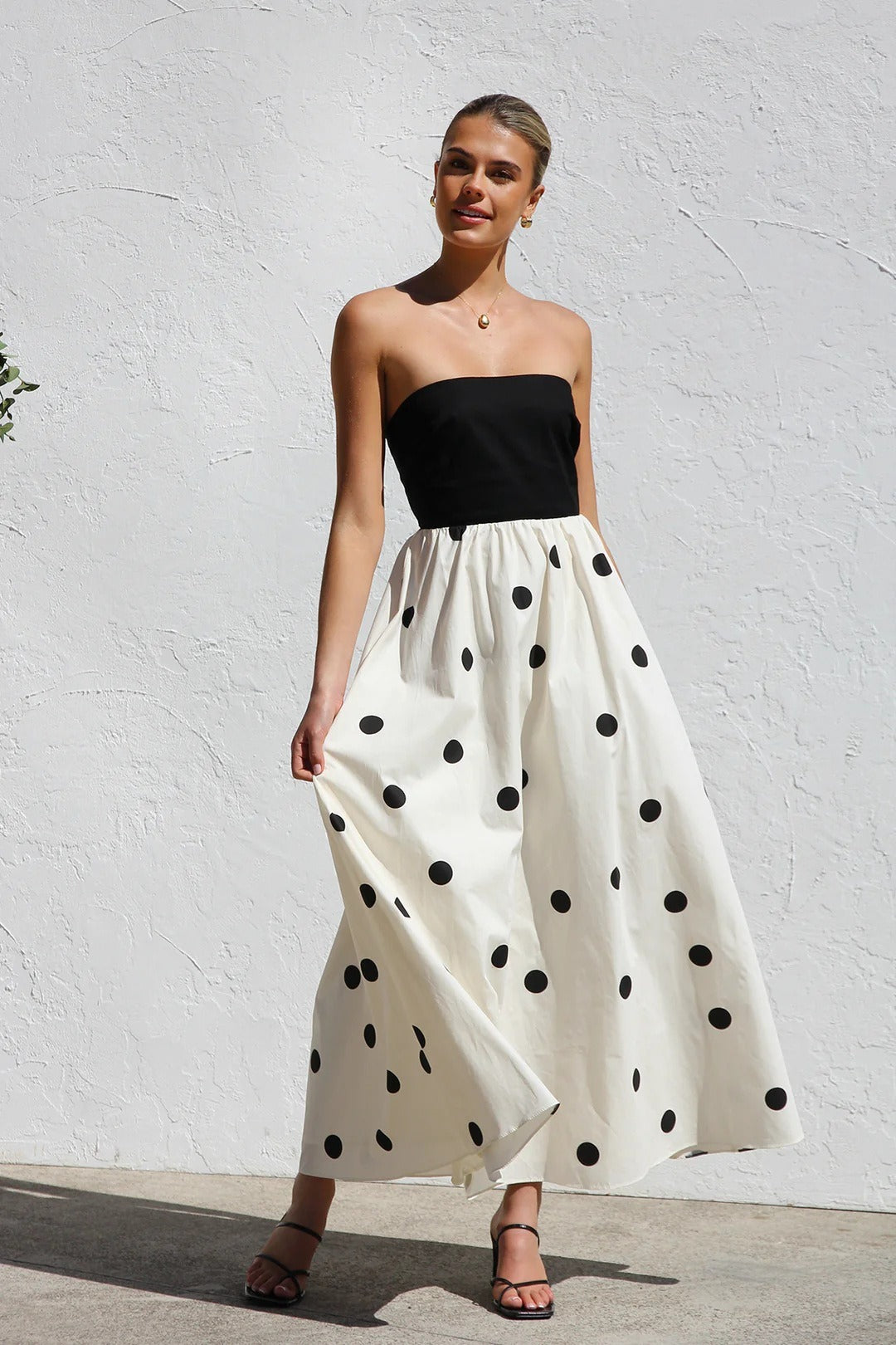 Polka Edition Dot Print Strapless ALine Maxi Dress