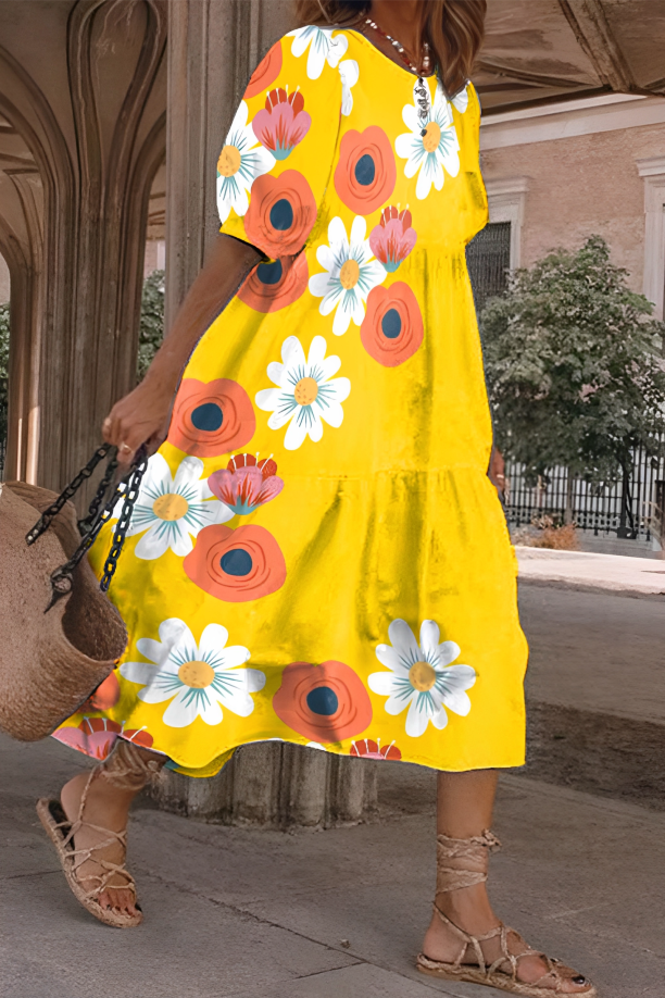 Leaf Print Short Sleeve Tiered Midi Dress