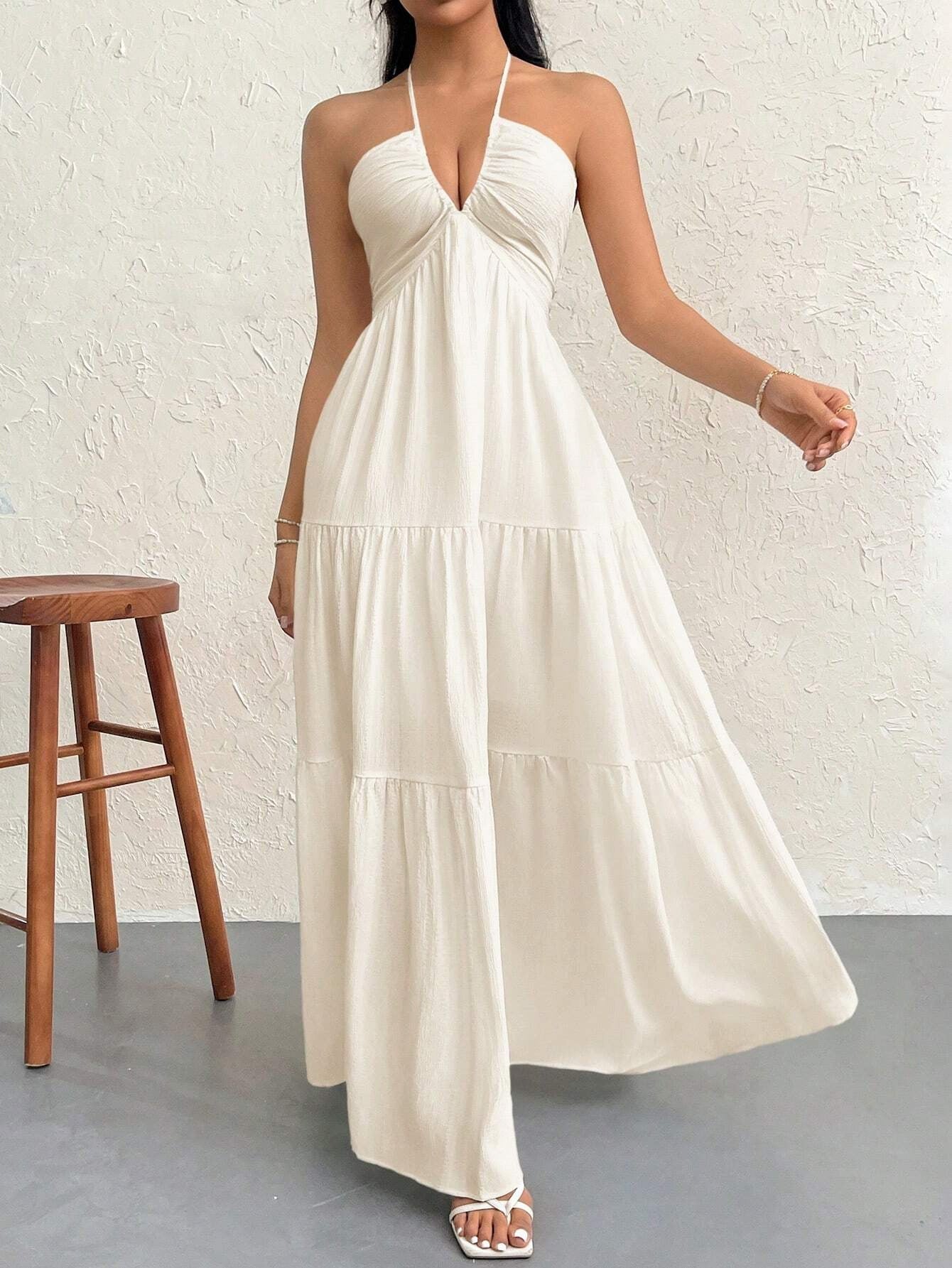 Halter Deep V-Neck Backless Tiered A-Line Maxi Dress 4