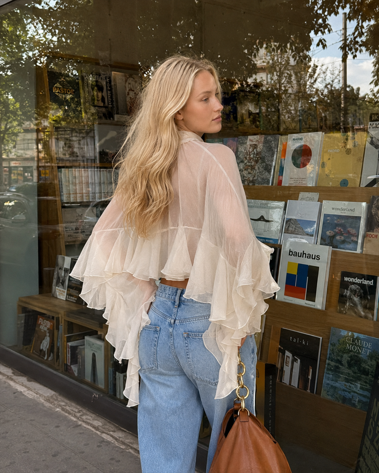 Chiffon Tiered Ruffle Long Sleeve Crop Blouse
