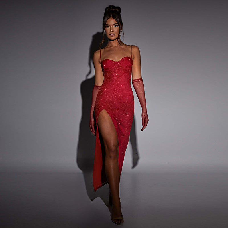 Glitter Mesh Sweetheart Bustier High Split Midi Dress with Gloves