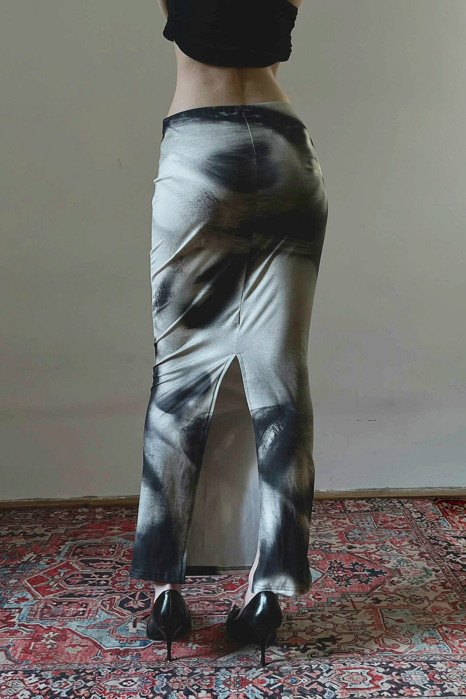 Portrait Face Print Satin Low Rise Bodycon Maxi Skirt 4