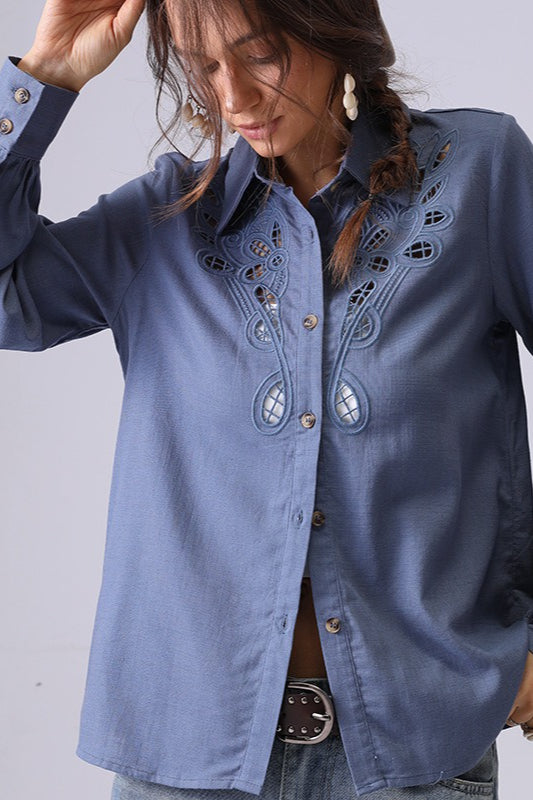 Cut Out Embroidered Collared Button Front Long Sleeve Blouse 3