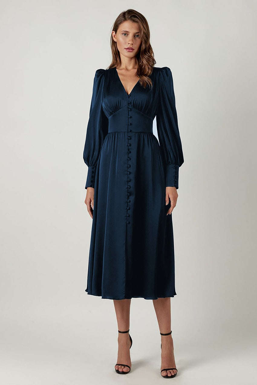 Satin Puff Sleeve Bustier Tailored Midi Dress