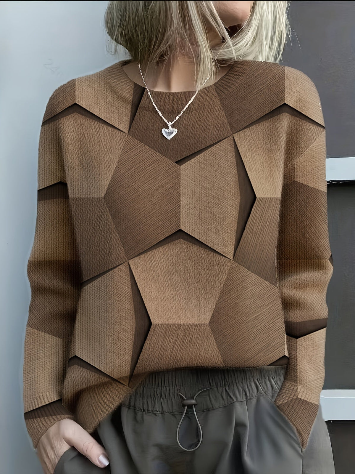 Crew Neck Geometric Colorblock Knit Sweater