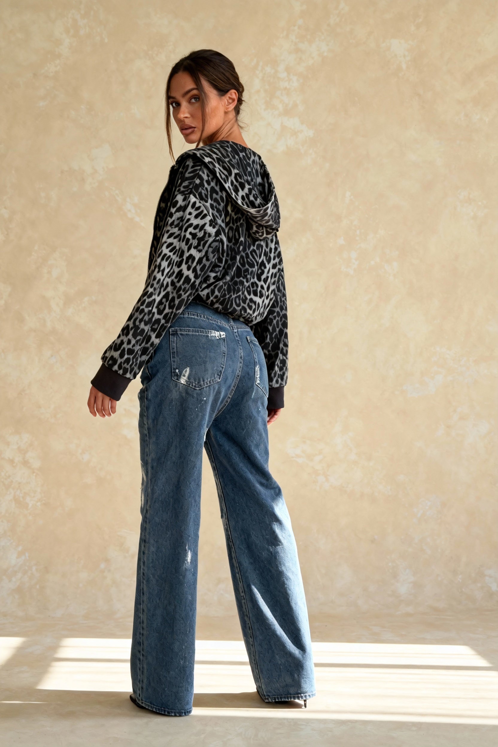 Leopard Print Zip ColorBlock Hoodie