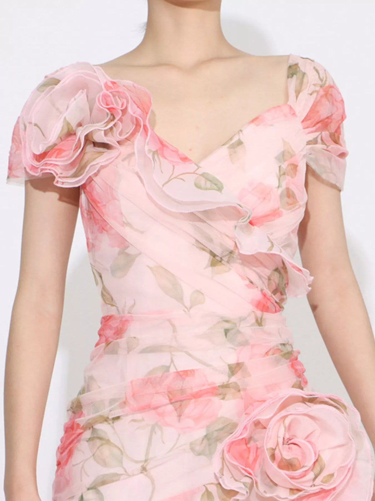 Floral Chiffon Rosette Ruffle Cap Sleeve Maxi Dress 4