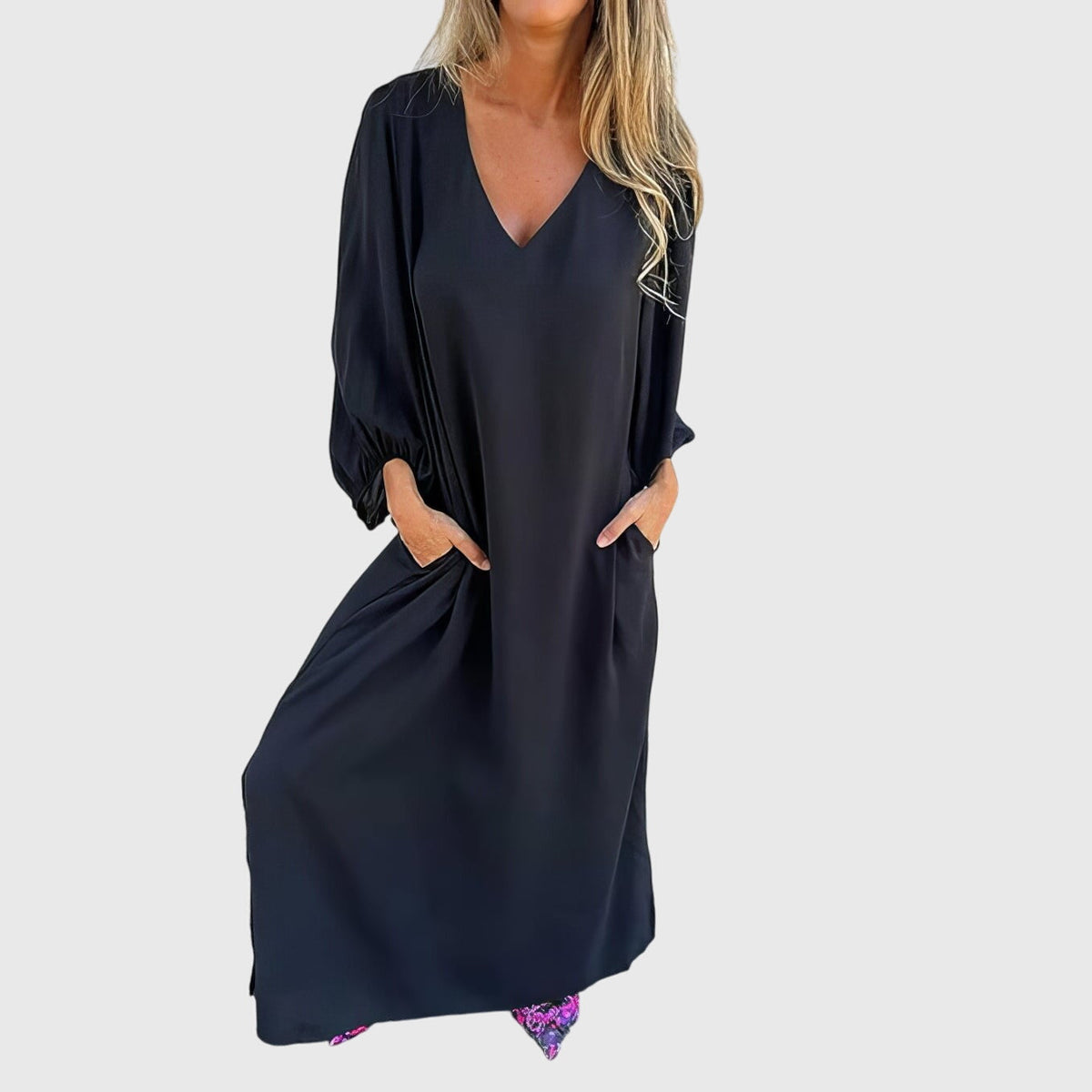 Satin V-Neck Lantern Sleeve Side Split Maxi Dress