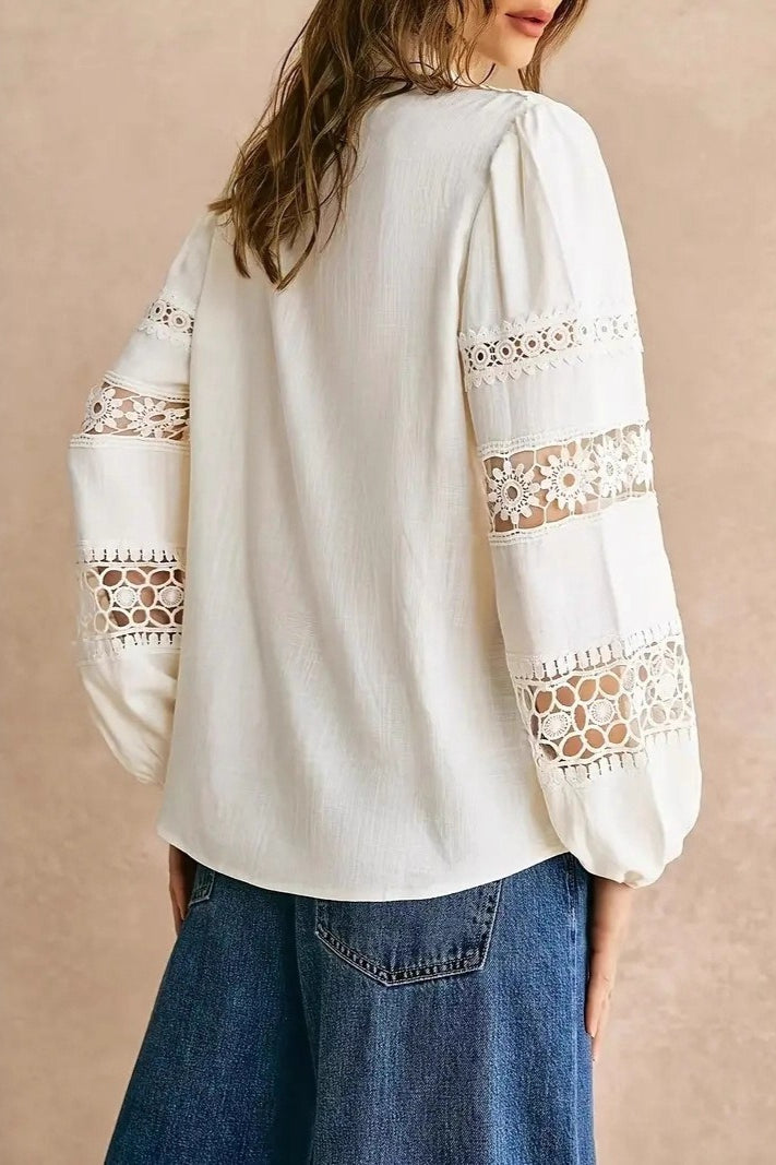 Lace Trim Crochet Insert Collared Button Front Long Sleeve Blouse 3
