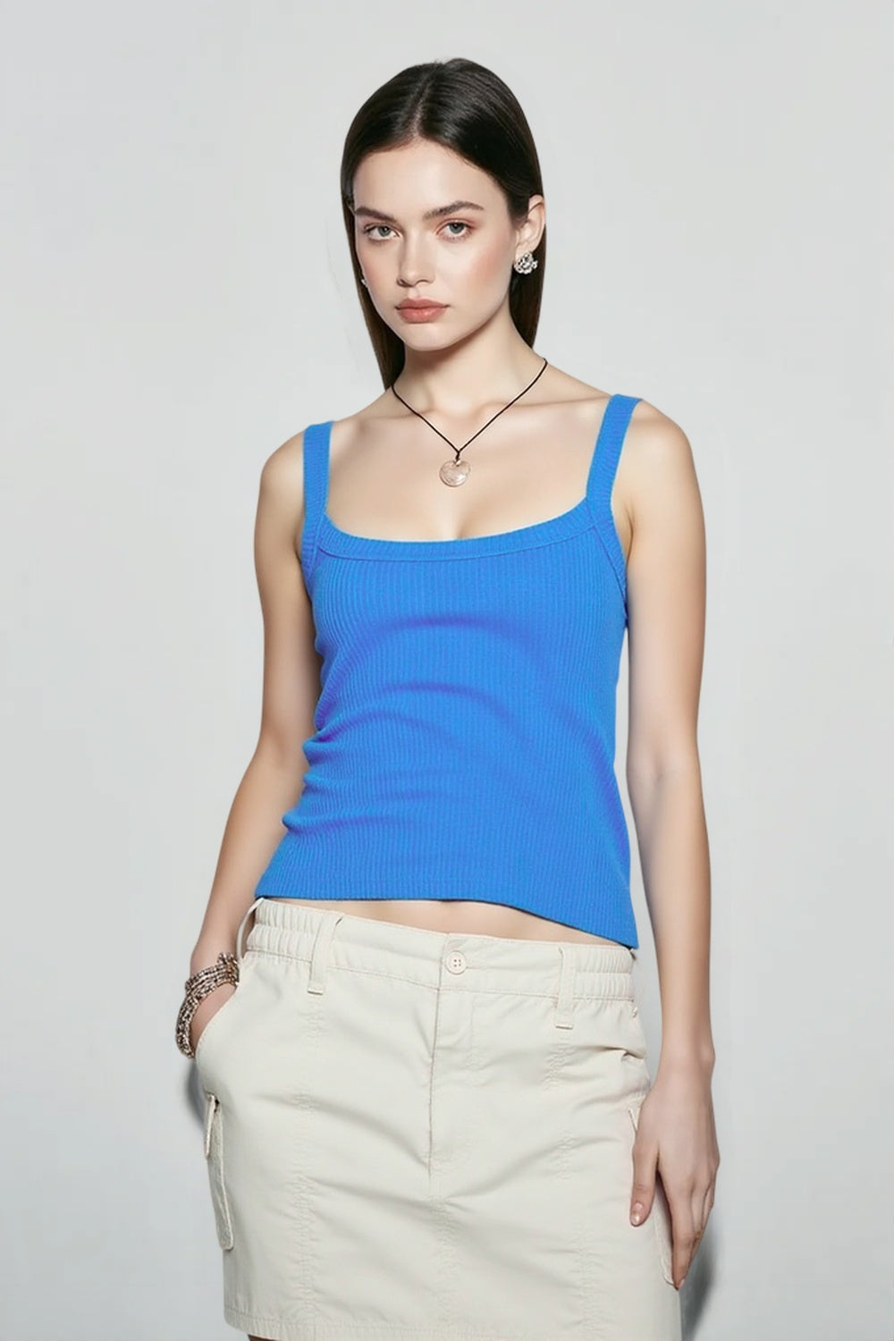 Sleeveless Strap Ribbed Causal Cropped Top Summer Solid O-neck Slim Fit Exposed Navel Mini Vest Crop Top