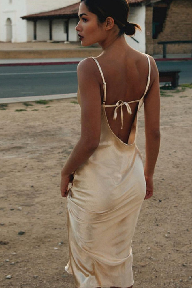 Satin Cowl Neck Spaghetti Strap Bias Cut Mermaid Hem Maxi Dress
